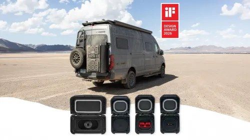 Scanstrut Ventura Series, Red Dot Winner 2026, gemonteerd op een buscamper